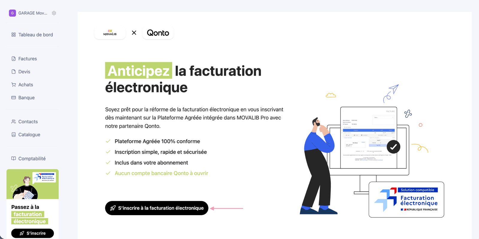 Page d'inscription à la facturation électronique Movalib
