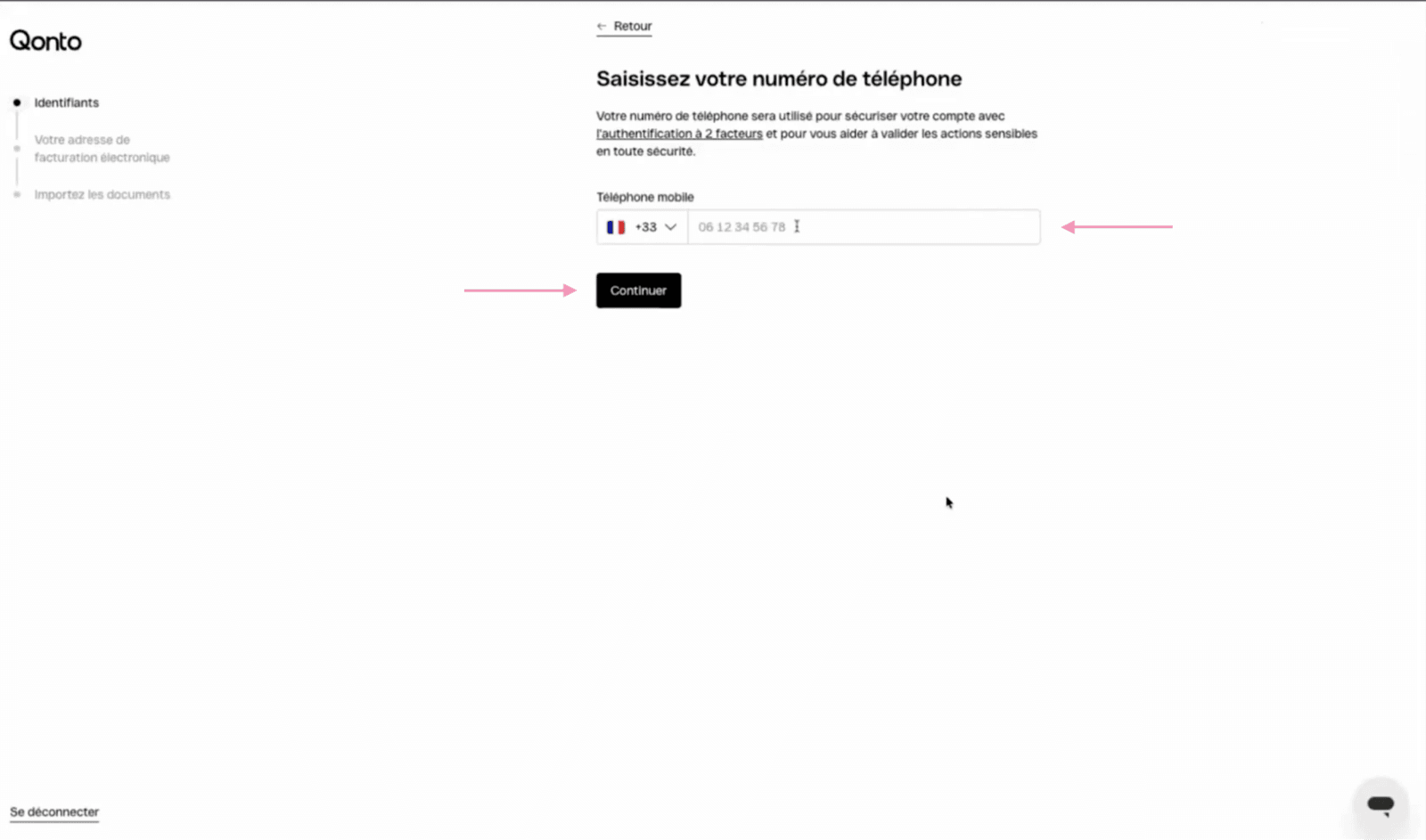 Saisie du numéro de téléphone